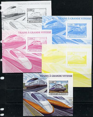 Burundi 2013 High Speed Trains - SNCF TGV Atlantique deluxe sheet - the set of 5 imperf progressive proofs comprising the 4 individual colours plus all 4-colour composite, unmounted mint