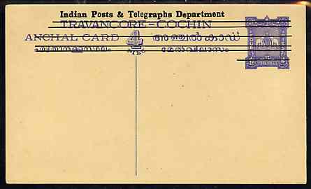 Indian States - Travancore-Cochin 1950c 4 pies p/stat card (Elephants) as H & G 4 but overprinted 'Indian Posts And Telegraphs Department' in black, original text obliterated with five horiz lines and stamp obliterated with six