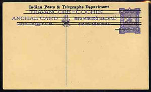 Indian States - Travancore-Cochin 1950c 4 pies p/stat card (Elephants) as H & G 4 but overprinted 'Indian Posts And Telegraphs Department' in black, original text obliterated with five horiz lines and stamp obliterated with six
