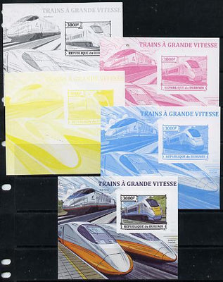 Burundi 2013 High Speed Trains - Hitachi Super Express deluxe sheet - the set of 5 imperf progressive proofs comprising the 4 individual colours plus all 4-colour composite, unmounted mint