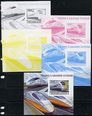 Burundi 2013 High Speed Trains - Hitachi Super Express deluxe sheet - the set of 5 imperf progressive proofs comprising the 4 individual colours plus all 4-colour composite, unmounted mint