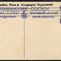 Indian States - Travancore-Cochin 1950c 4 pies p/stat card (Elephants) as H & G 4 but overprinted 'Indian Posts And Telegraphs Department' in black, original text obliterated with four horiz lines and stamp obliterated with five