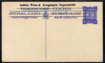 Indian States - Travancore-Cochin 1950c 4 pies p/stat card (Elephants) as H & G 4 but overprinted 'Indian Posts And Telegraphs Department' in black, original text obliterated with four horiz lines and stamp obliterated with five