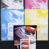 Mozambique 2013 Chinese High Speed Trains - CRH-2 deluxe sheet - the set of 5 imperf progressive proofs comprising the 4 individual colours plus all 4-colour composite, unmounted mint
