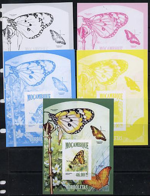 Mozambique 2013 Butterflies #5 deluxe sheet - the set of 5 imperf progressive proofs comprising the 4 individual colours plus all 4-colour composite, unmounted mint