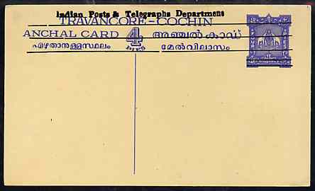 Indian States - Travancore-Cochin 1950c 4 pies p/stat card (Elephants) as H & G 4 but overprinted 'Indian Posts And Telegraphs Department' in black, original text obliterated with three horiz lines and stamp obliterated with five