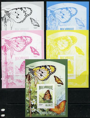 Mozambique 2013 Butterflies #6 deluxe sheet - the set of 5 imperf progressive proofs comprising the 4 individual colours plus all 4-colour composite, unmounted mint