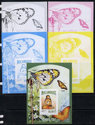Mozambique 2013 Butterflies #7 deluxe sheet - the set of 5 imperf progressive proofs comprising the 4 individual colours plus all 4-colour composite, unmounted mint