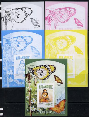 Mozambique 2013 Butterflies #7 deluxe sheet - the set of 5 imperf progressive proofs comprising the 4 individual colours plus all 4-colour composite, unmounted mint