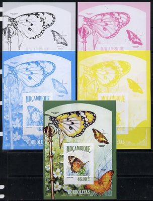 Mozambique 2013 Butterflies #8 deluxe sheet - the set of 5 imperf progressive proofs comprising the 4 individual colours plus all 4-colour composite, unmounted mint