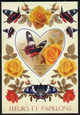 Madagascar 2014 Flowers & Butterflies #2 perf souvenir sheet containing heart shaped value unmounted mint