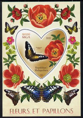 Madagascar 2014 Flowers & Butterflies #3 perf souvenir sheet containing heart shaped value unmounted mint