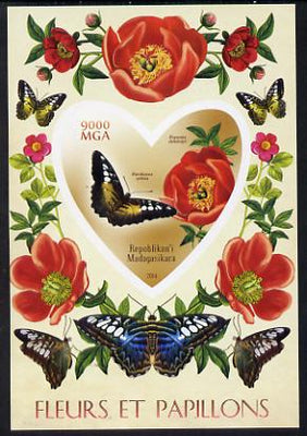 Madagascar 2014 Flowers & Butterflies #3 imperf souvenir sheet containing heart shaped value unmounted mint