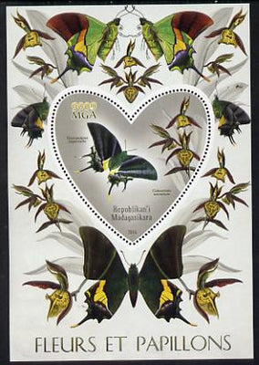 Madagascar 2014 Flowers & Butterflies #4 perf souvenir sheet containing heart shaped value unmounted mint