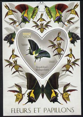 Madagascar 2014 Flowers & Butterflies #4 perf souvenir sheet containing heart shaped value unmounted mint