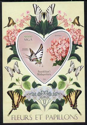 Madagascar 2014 Flowers & Butterflies #5 perf souvenir sheet containing heart shaped value unmounted mint