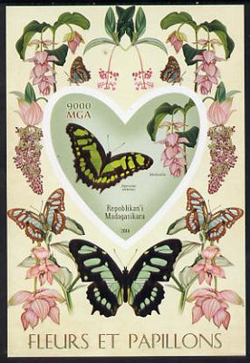 Madagascar 2014 Flowers & Butterflies #6 imperf souvenir sheet containing heart shaped value unmounted mint