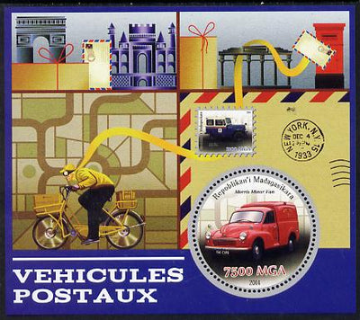 Madagascar 2014 Postal Vehicles perf souvenir sheet containing circular shaped value unmounted mint