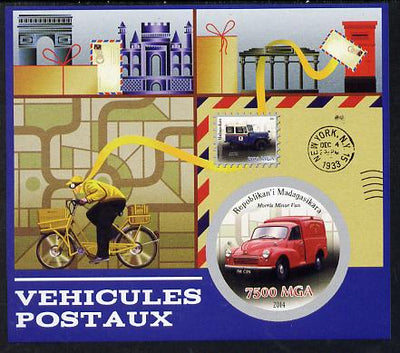 Madagascar 2014 Postal Vehicles imperf souvenir sheet containing circular shaped value unmounted mint