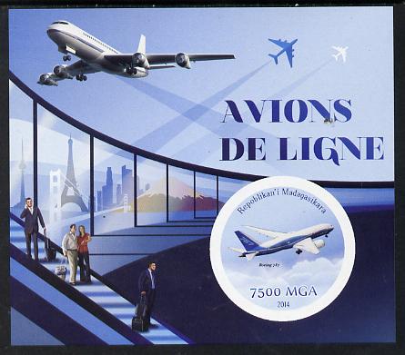 Madagascar 2014 Airliners imperf souvenir sheet containing circular shaped value unmounted mint