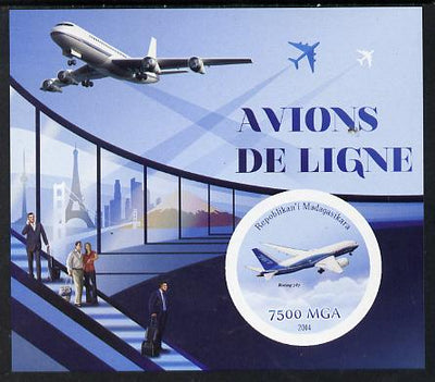 Madagascar 2014 Airliners imperf souvenir sheet containing circular shaped value unmounted mint