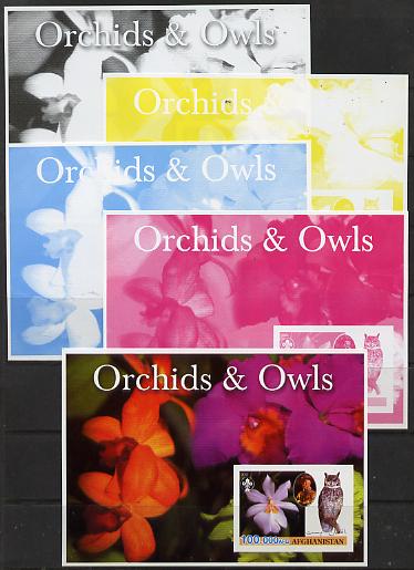 Afghanistan 2003 Orchids & Owls (with baden Powell) souvenir sheet - the set of 5 imperf progressive proofs comprising the 4 individual colours plus all 4-colour composite unmounted mint