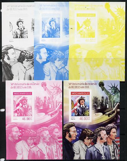 Mozambique 2014 50th Anniversary of Beatles Trip to USA #3 s/sheet - the set of 5 imperf progressive proofs comprising the 4 individual colours plus all 4-colour composite, unmounted mint