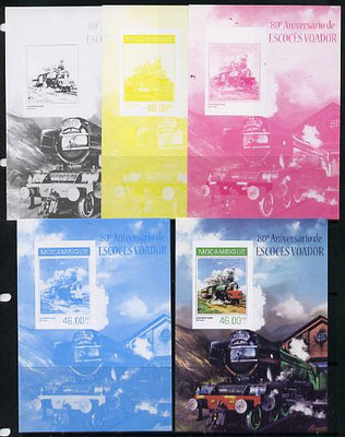 Mozambique 2014 80th Anniversary of Flying Scotsman #1 s/sheet - the set of 5 imperf progressive proofs comprising the 4 individual colours plus all 4-colour composite, unmounted mint