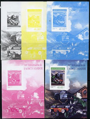 Mozambique 2014 80th Anniversary of Flying Scotsman #3 s/sheet - the set of 5 imperf progressive proofs comprising the 4 individual colours plus all 4-colour composite, unmounted mint
