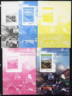 Mozambique 2014 80th Anniversary of Flying Scotsman #4 s/sheet - the set of 5 imperf progressive proofs comprising the 4 individual colours plus all 4-colour composite, unmounted mint