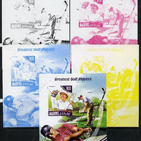 Maldive Islands 2014 Greatest Golf Players - Phil Mickelson s/sheet - the set of 5 imperf progressive proofs comprising the 4 individual colours plus all 4-colour composite, unmounted mint