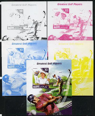 Maldive Islands 2014 Greatest Golf Players - Phil Mickelson s/sheet - the set of 5 imperf progressive proofs comprising the 4 individual colours plus all 4-colour composite, unmounted mint
