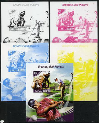 Maldive Islands 2014 Greatest Golf Players - Greg Norman s/sheet - the set of 5 imperf progressive proofs comprising the 4 individual colours plus all 4-colour composite, unmounted mint