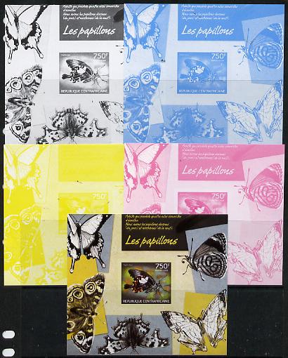 Central African Republic 2014 Butterflies #01 imperf s/sheet A - the set of 5 imperf progressive proofs comprising the 4 individual colours plus all 4-colour composite, unmounted mint