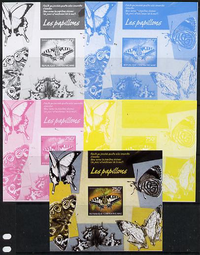Central African Republic 2014 Butterflies #01 imperf s/sheet B - the set of 5 imperf progressive proofs comprising the 4 individual colours plus all 4-colour composite, unmounted mint