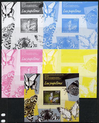 Central African Republic 2014 Butterflies #01 imperf s/sheet C - the set of 5 imperf progressive proofs comprising the 4 individual colours plus all 4-colour composite, unmounted mint