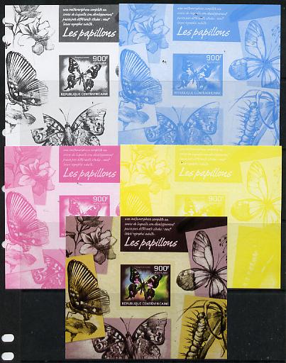 Central African Republic 2014 Butterflies #02 imperf s/sheet A - the set of 5 imperf progressive proofs comprising the 4 individual colours plus all 4-colour composite, unmounted mint