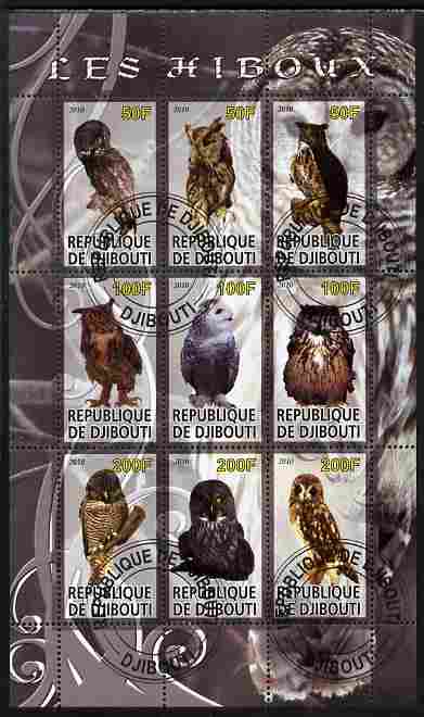 Djibouti 2010 Owls perf sheetlet containing 9 values fine cto used