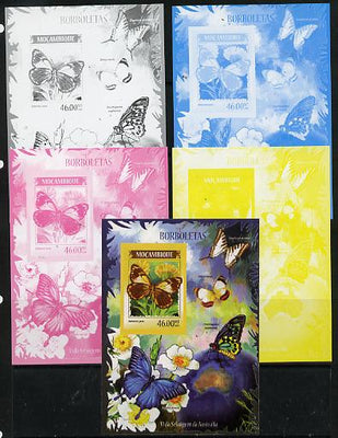Mozambique 2014 Butterflies #01 imperf s/sheet B - the set of 5 imperf progressive proofs comprising the 4 individual colours plus all 4-colour composite, unmounted mint