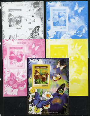 Mozambique 2014 Butterflies #01 imperf s/sheet B - the set of 5 imperf progressive proofs comprising the 4 individual colours plus all 4-colour composite, unmounted mint