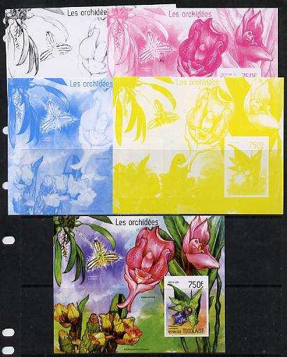 Togo 2014 Orchids imperf s/sheet A - the set of 5 imperf progressive proofs comprising the 4 individual colours plus all 4-colour composite, unmounted mint