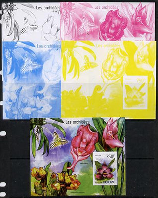 Togo 2014 Orchids imperf s/sheet B - the set of 5 imperf progressive proofs comprising the 4 individual colours plus all 4-colour composite, unmounted mint