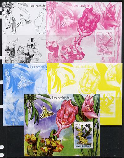 Togo 2014 Orchids imperf s/sheet D - the set of 5 imperf progressive proofs comprising the 4 individual colours plus all 4-colour composite, unmounted mint