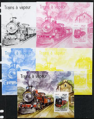 Togo 2014 Steam Locomotives imperf s/sheet A - the set of 5 imperf progressive proofs comprising the 4 individual colours plus all 4-colour composite, unmounted mint