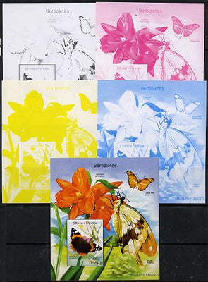St Thomas & Prince Islands 2014 Butterflies A deluxe m/sheet - the set of 5 imperf progressive proofs comprising the 4 individual colours plus all 4-colour composite, unmounted mint