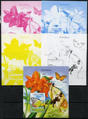 St Thomas & Prince Islands 2014 Butterflies B deluxe m/sheet - the set of 5 imperf progressive proofs comprising the 4 individual colours plus all 4-colour composite, unmounted mint