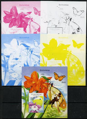 St Thomas & Prince Islands 2014 Butterflies D deluxe m/sheet - the set of 5 imperf progressive proofs comprising the 4 individual colours plus all 4-colour composite, unmounted mint
