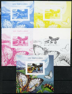 Togo 2014 Butterflies F deluxe m/sheet - the set of 5 imperf progressive proofs comprising the 4 individual colours plus all 4-colour composite, unmounted mint