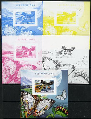 Togo 2014 Butterflies F deluxe m/sheet - the set of 5 imperf progressive proofs comprising the 4 individual colours plus all 4-colour composite, unmounted mint