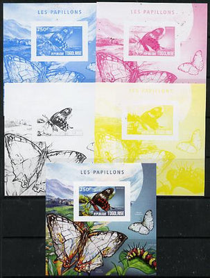 Togo 2014 Butterflies G deluxe m/sheet - the set of 5 imperf progressive proofs comprising the 4 individual colours plus all 4-colour composite, unmounted mint
